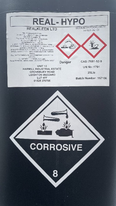 Sodium Hypochlorite 14/15% Cleaner , "REAL-HYPO" 25 Litres
